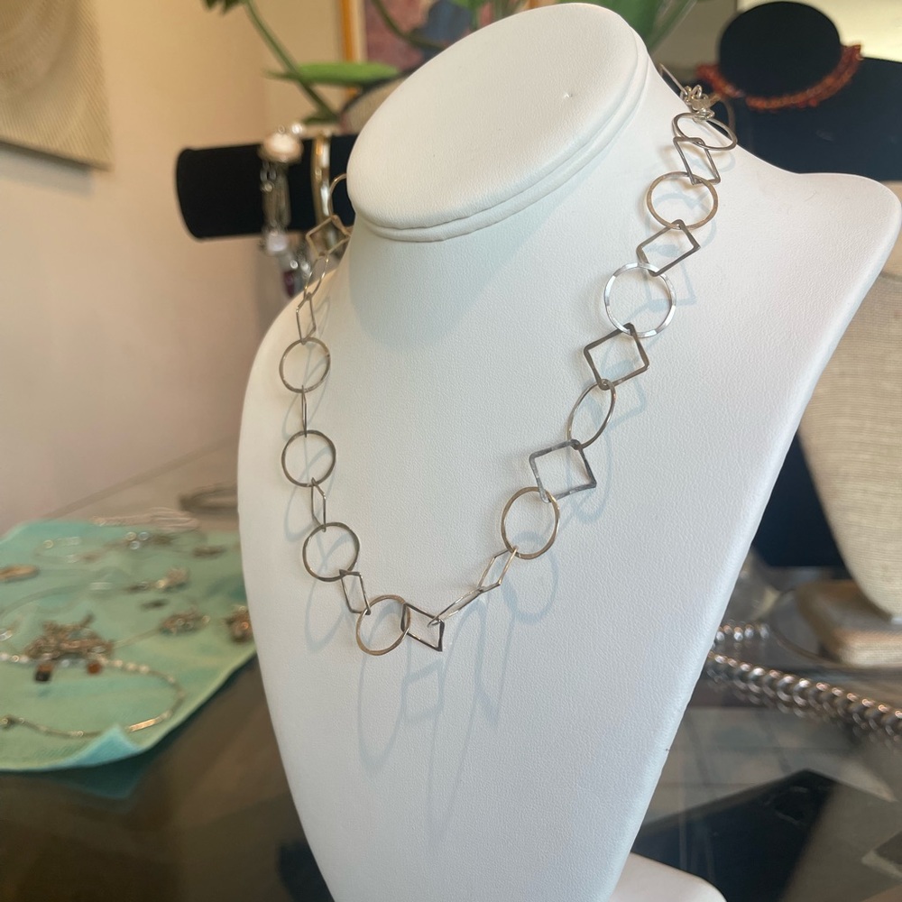 Unmarked Silver-Tone Modernist Link Necklace | Sterling Silver Suspected